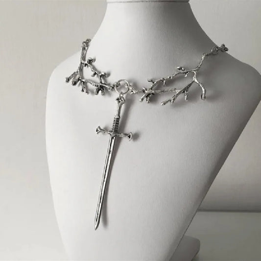 Viking Tree Branch Sword Pendant Necklace – Goth Forest Style